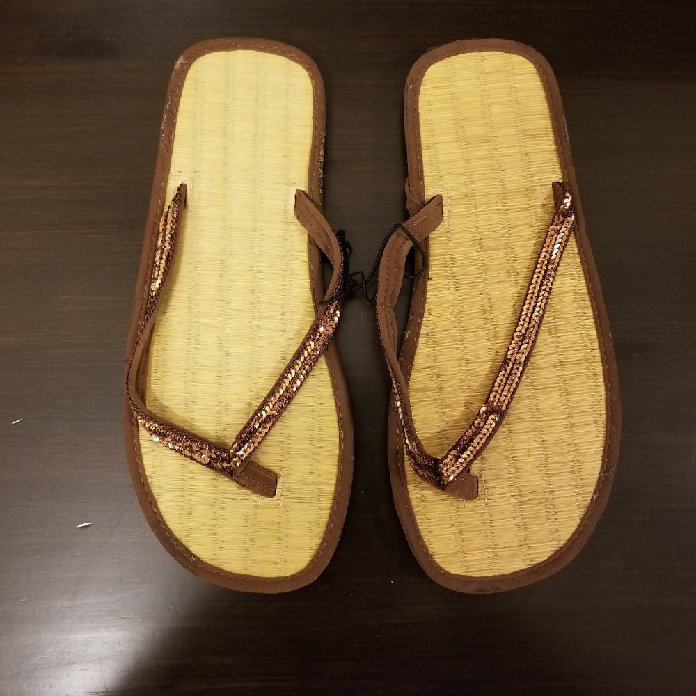 NWOT Brown Sequin Flip Flops
